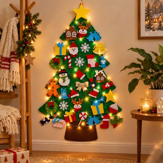 Árbol de Navidad Montessori de fieltro · 40 adornos + luces